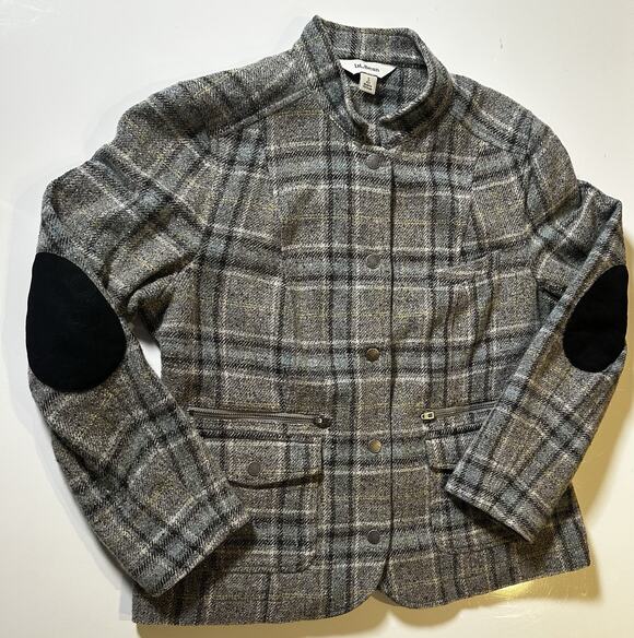 L.L. Bean Jackets & Blazers - LL Bean Womens Sm Blazer Jacket Herringbone Tweed Wool Silk Snaps Elbow Patches